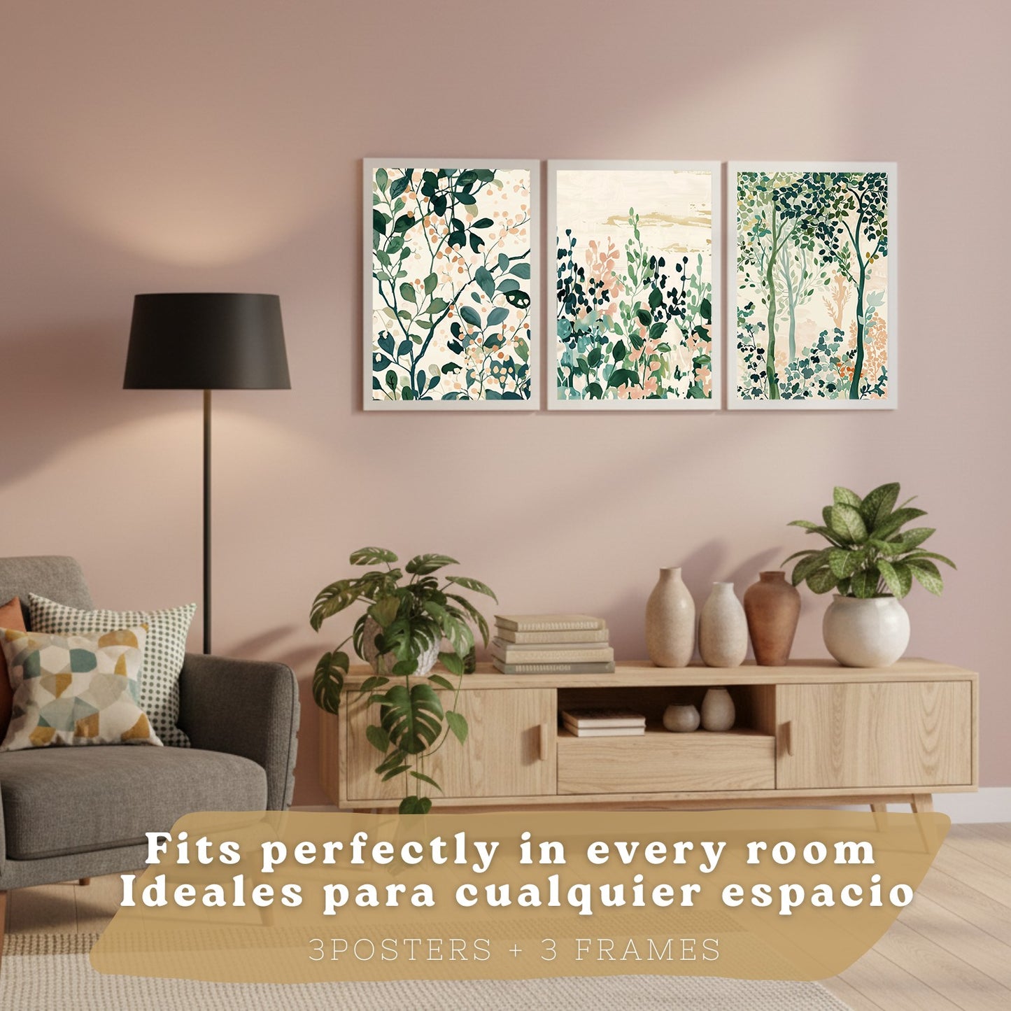 Juego de 3 laminas decorativas pared estilo floral. Cuadros Salon modernos - Posters decorativos tonos pastel. Arboles y hojas Matisse. Decoración Dormitorios.