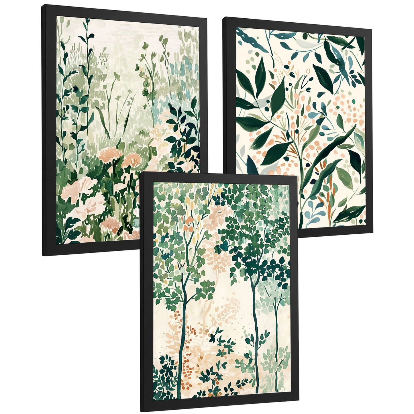 Juego de 3 laminas decorativas pared estilo floral. Cuadros Salon modernos - Posters decorativos tonos pastel. Arboles y paisaje Matisse. Decoración Dormitorios.