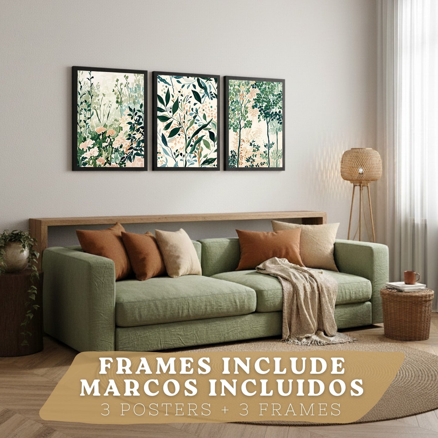 Juego de 3 laminas decorativas pared estilo floral. Cuadros Salon modernos - Posters decorativos tonos pastel. Arboles y paisaje Matisse. Decoración Dormitorios.