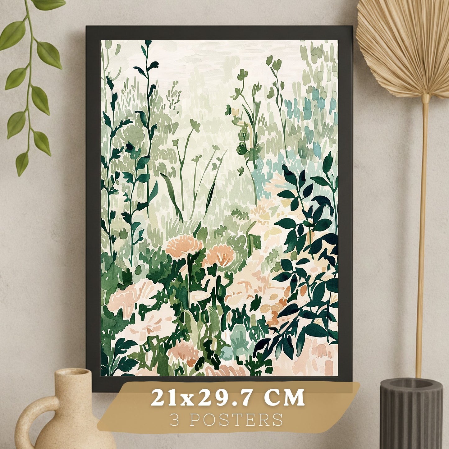 Juego de 3 laminas decorativas pared estilo floral. Cuadros Salon modernos - Posters decorativos tonos pastel. Arboles y paisaje Matisse. Decoración Dormitorios.