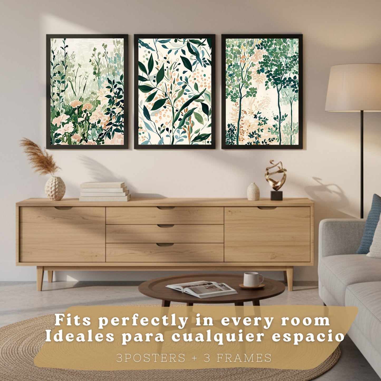 Juego de 3 laminas decorativas pared estilo floral. Cuadros Salon modernos - Posters decorativos tonos pastel. Arboles y paisaje Matisse. Decoración Dormitorios.