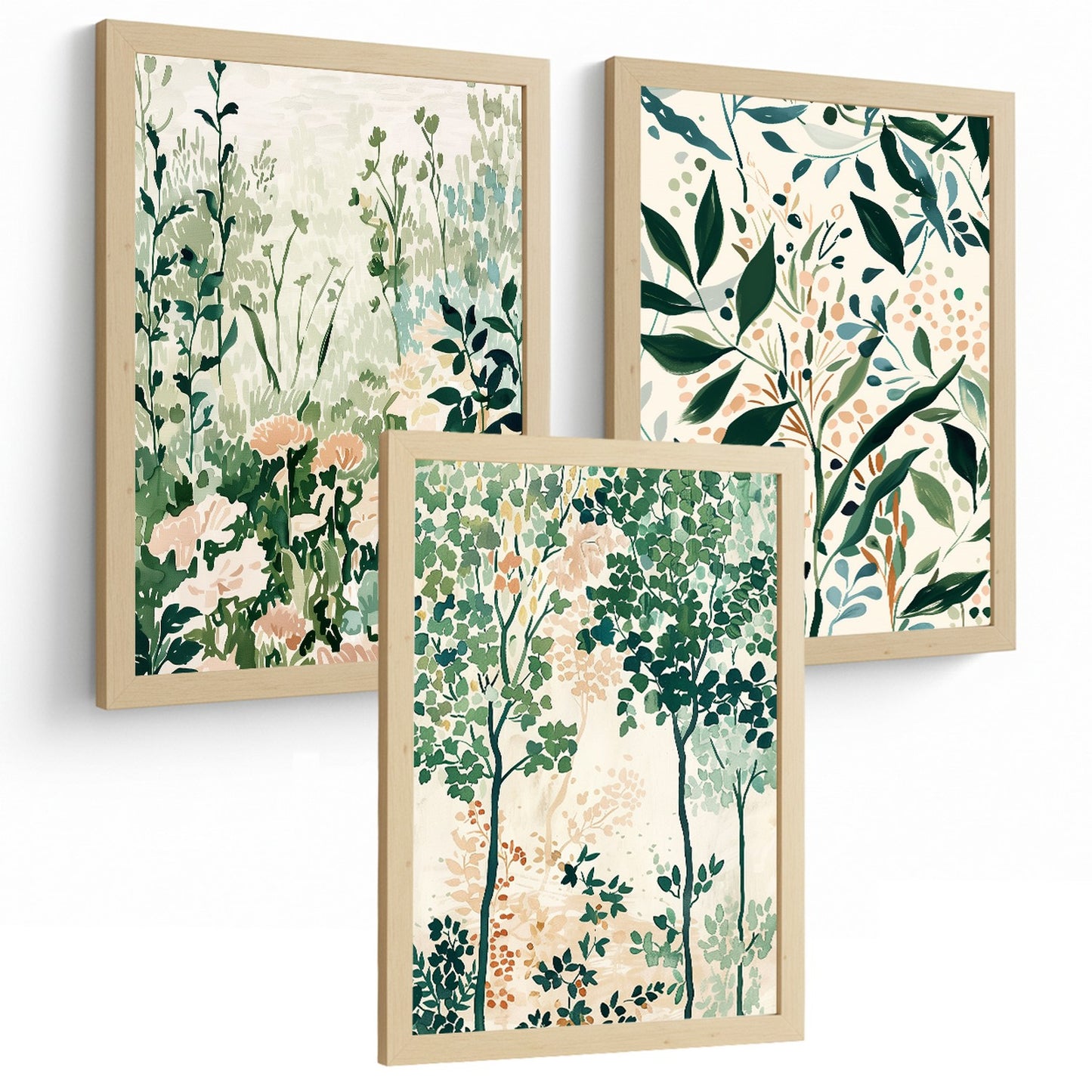Juego de 3 laminas decorativas pared estilo floral. Cuadros Salon modernos - Posters decorativos tonos pastel. Arboles y paisaje Matisse. Decoración Dormitorios.