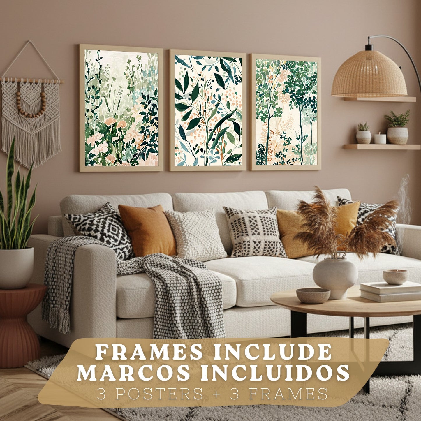 Juego de 3 laminas decorativas pared estilo floral. Cuadros Salon modernos - Posters decorativos tonos pastel. Arboles y paisaje Matisse. Decoración Dormitorios.