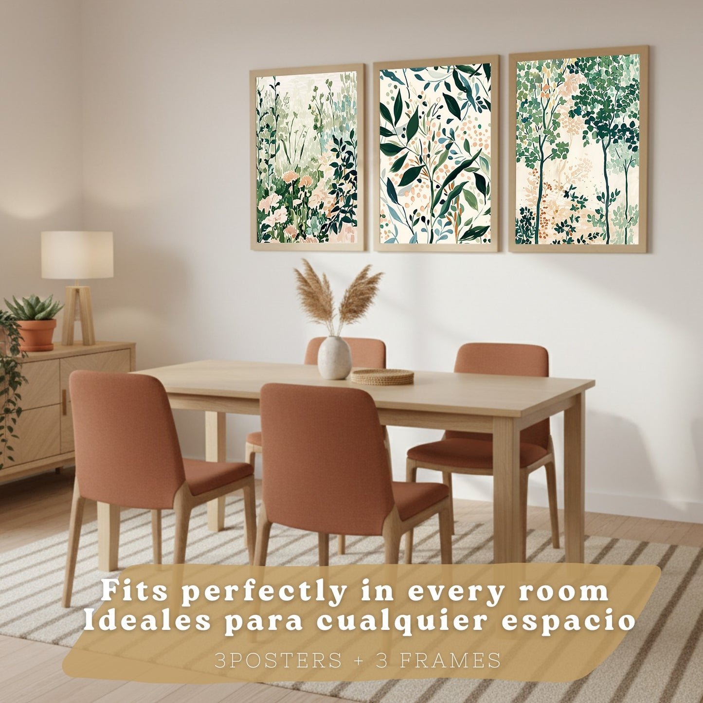 Juego de 3 laminas decorativas pared estilo floral. Cuadros Salon modernos - Posters decorativos tonos pastel. Arboles y paisaje Matisse. Decoración Dormitorios.