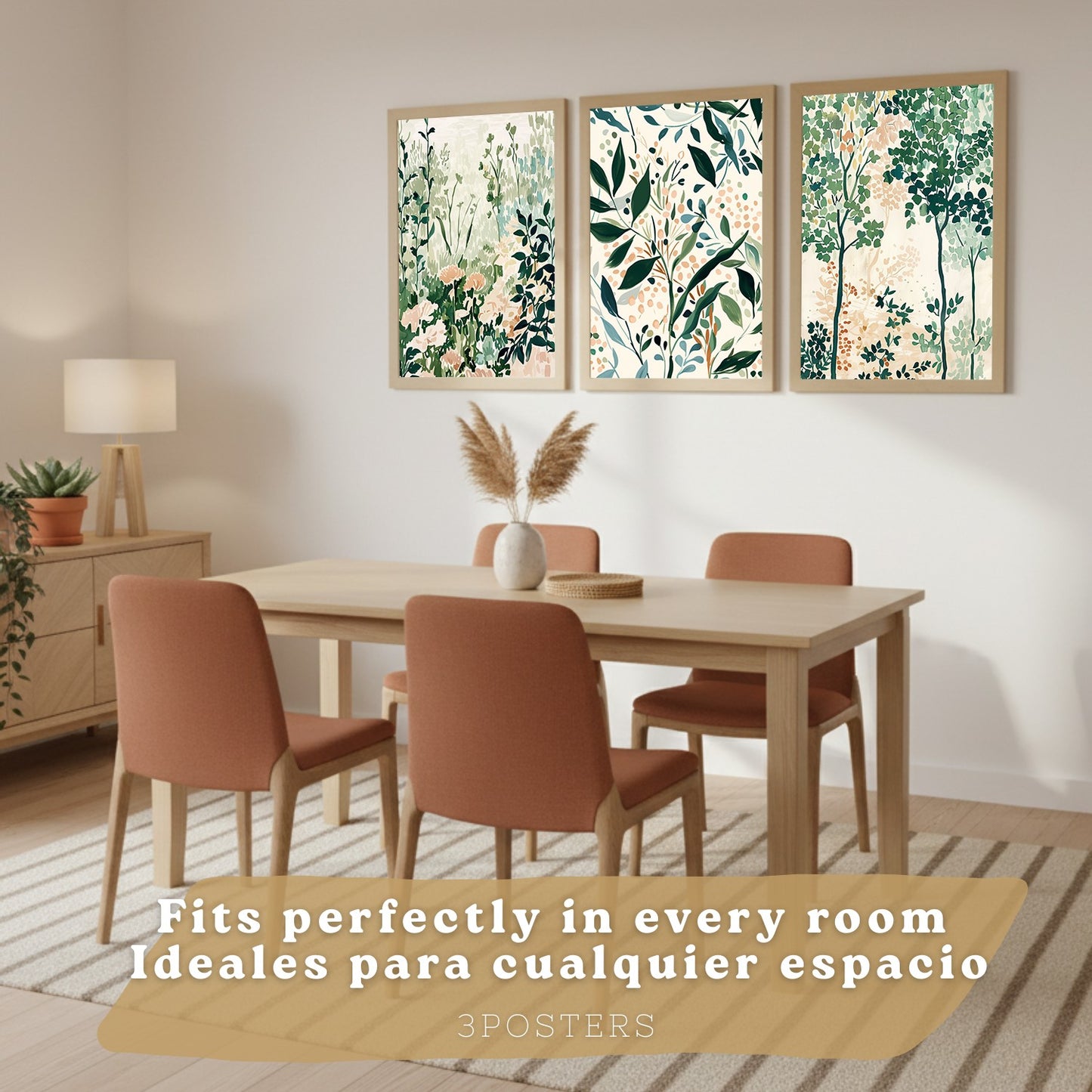 Juego de 3 laminas decorativas pared estilo floral. Cuadros Salon modernos - Posters decorativos tonos pastel. Arboles y paisaje Matisse. Decoración Dormitorios.