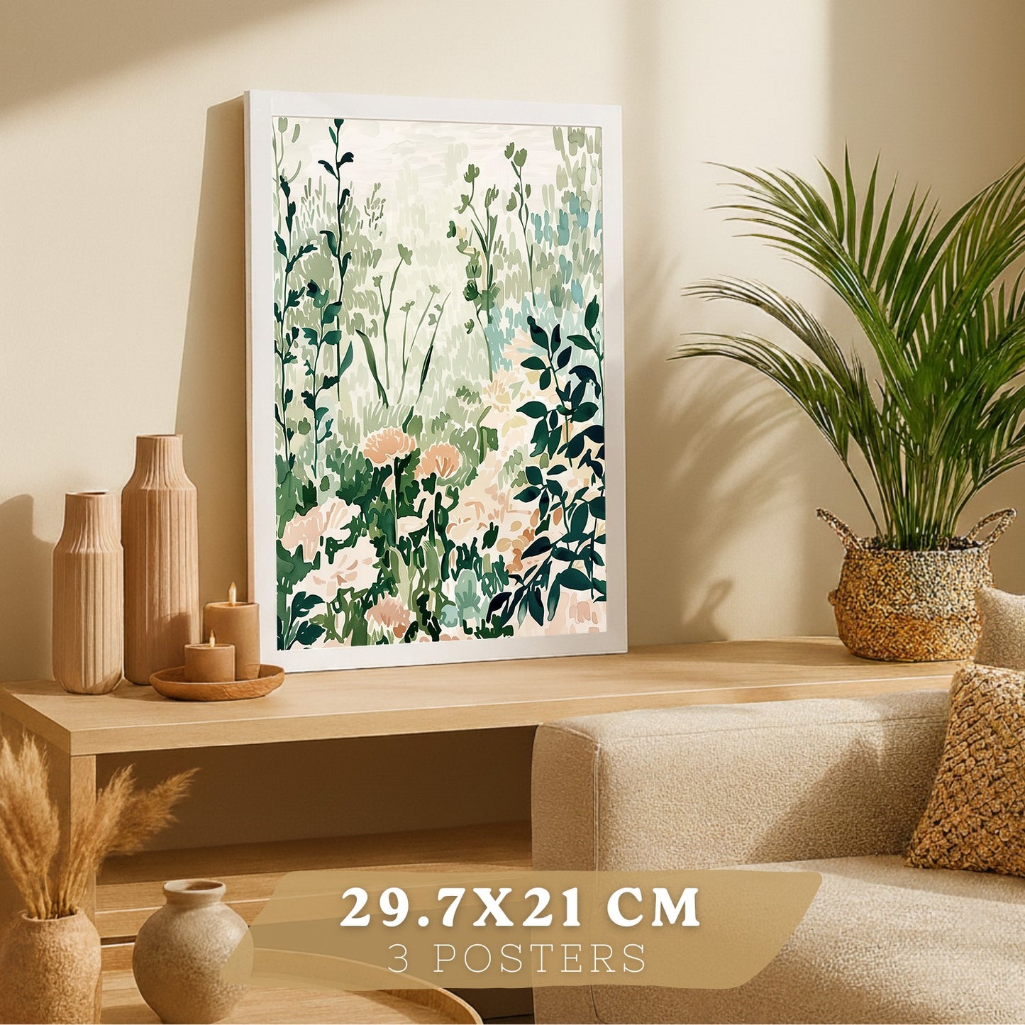 Juego de 3 laminas decorativas pared estilo floral. Cuadros Salon modernos - Posters decorativos tonos pastel. Arboles y paisaje Matisse. Decoración Dormitorios.