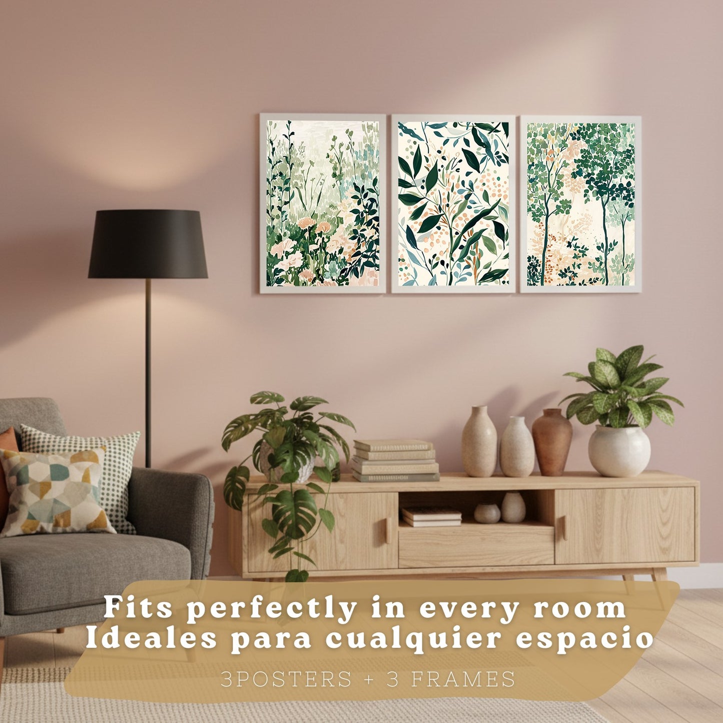 Juego de 3 laminas decorativas pared estilo floral. Cuadros Salon modernos - Posters decorativos tonos pastel. Arboles y paisaje Matisse. Decoración Dormitorios.