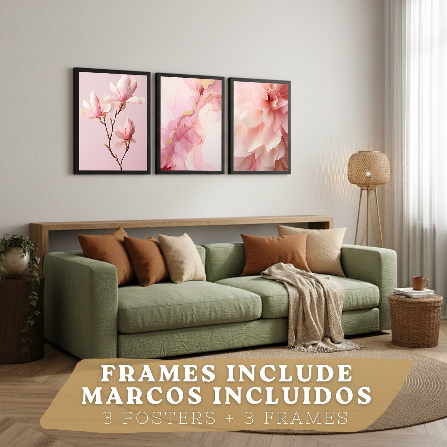 Set de 3 laminas decorativas pared flores rosas botanico Cuadros Salon modernos Orquidea marmol Posters decorativos rosas Decoración Dormitorios Sala de estar