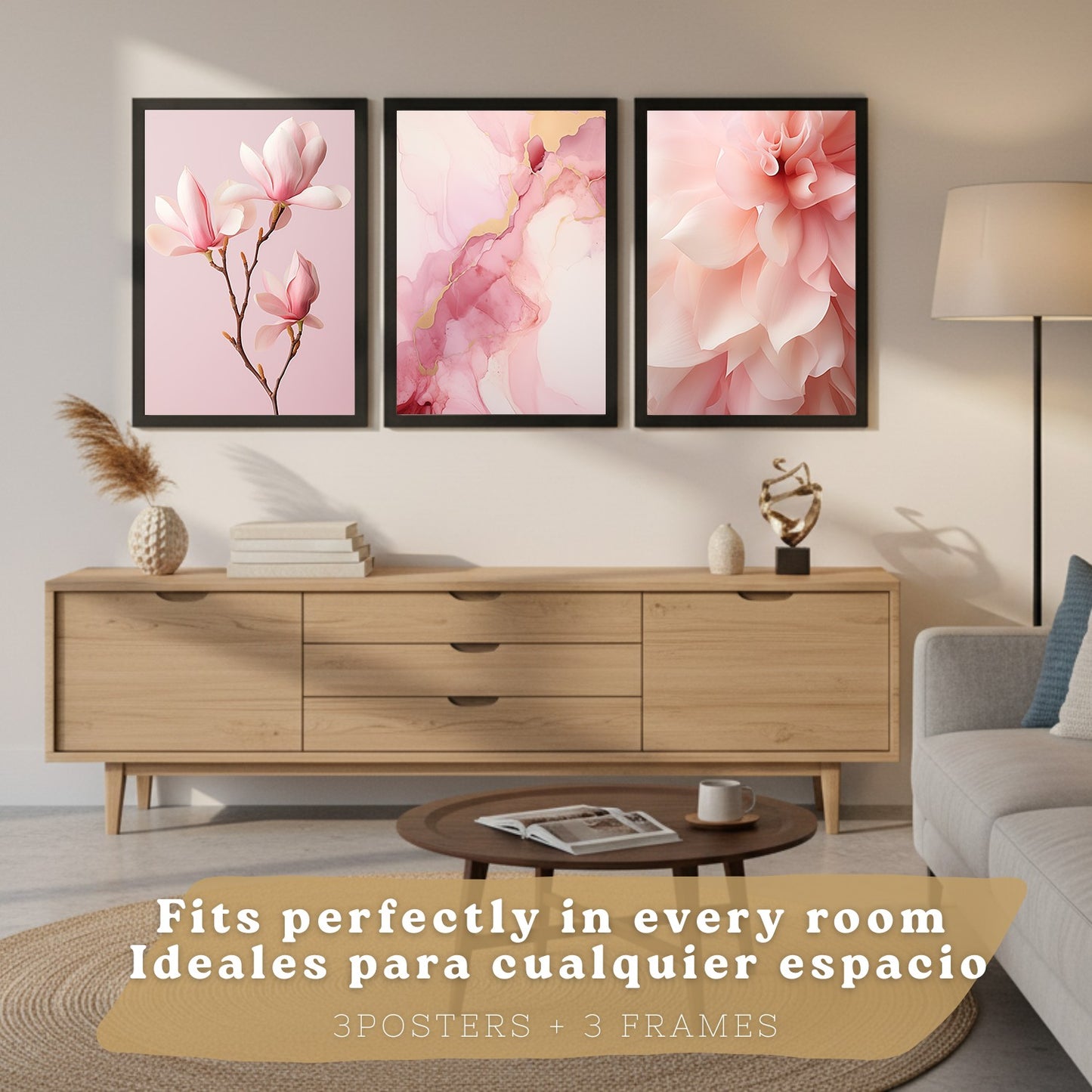Set de 3 laminas decorativas pared flores rosas botanico Cuadros Salon modernos Orquidea marmol Posters decorativos rosas Decoración Dormitorios Sala de estar