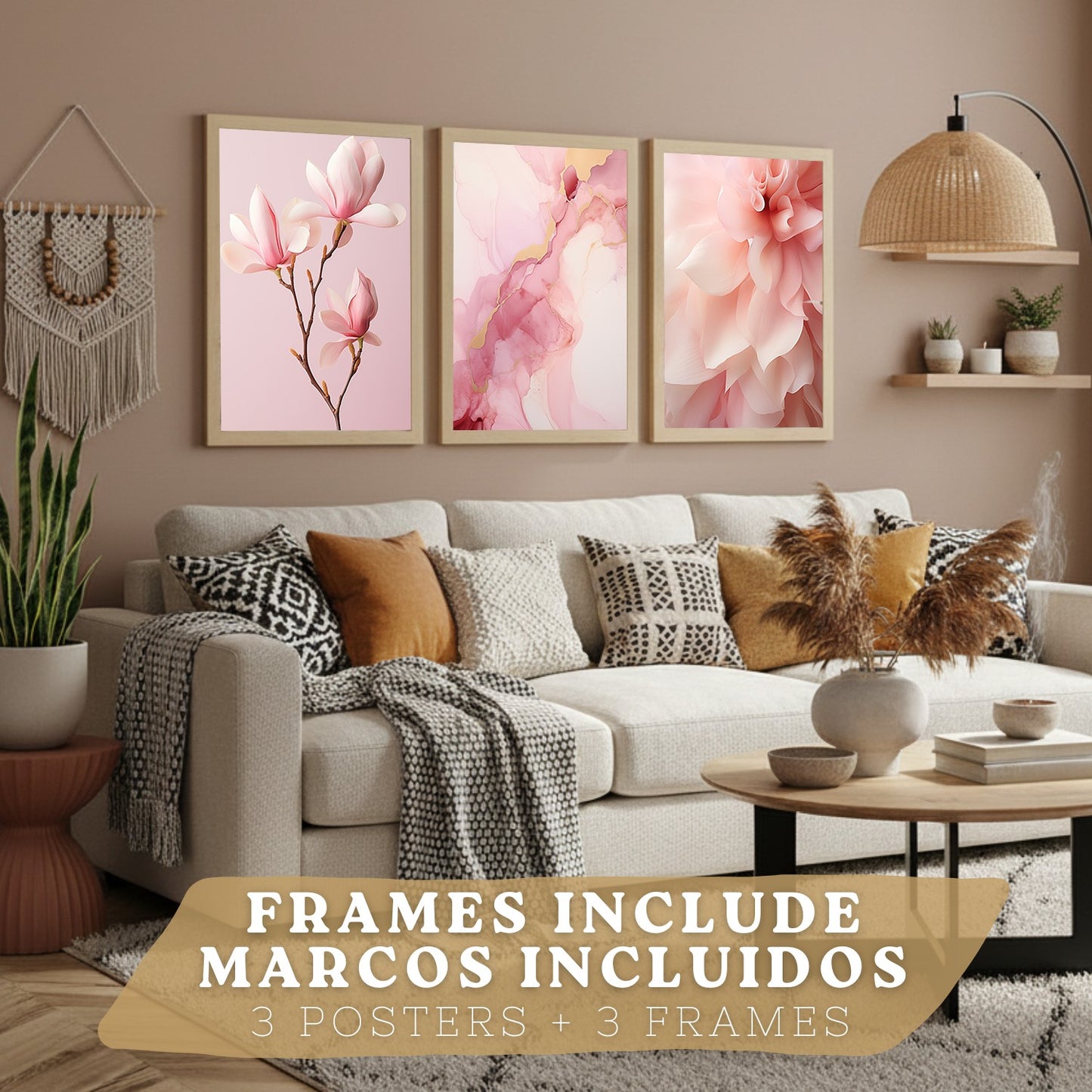 Set de 3 laminas decorativas pared flores rosas botanico Cuadros Salon modernos Orquidea marmol Posters decorativos rosas Decoración Dormitorios Sala de estar