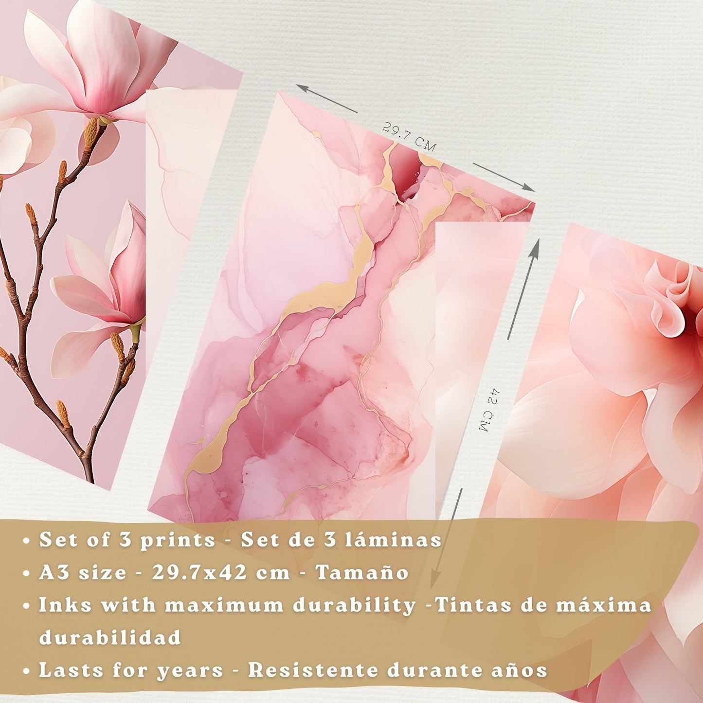 Set de 3 laminas decorativas pared flores rosas botanico Cuadros Salon modernos Orquidea marmol Posters decorativos rosas Decoración Dormitorios Sala de estar