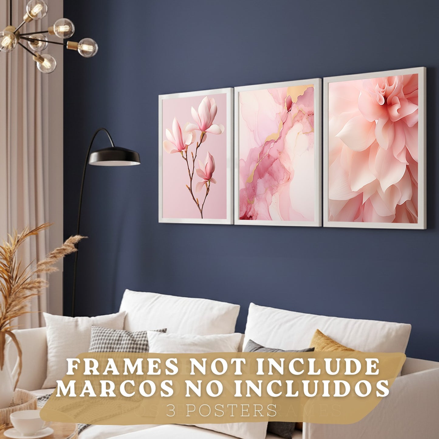Set de 3 laminas decorativas pared flores rosas botanico Cuadros Salon modernos Orquidea marmol Posters decorativos rosas Decoración Dormitorios Sala de estar