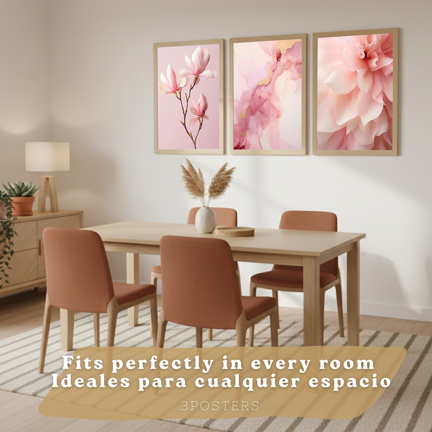 Set de 3 laminas decorativas pared flores rosas botanico Cuadros Salon modernos Orquidea marmol Posters decorativos rosas Decoración Dormitorios Sala de estar