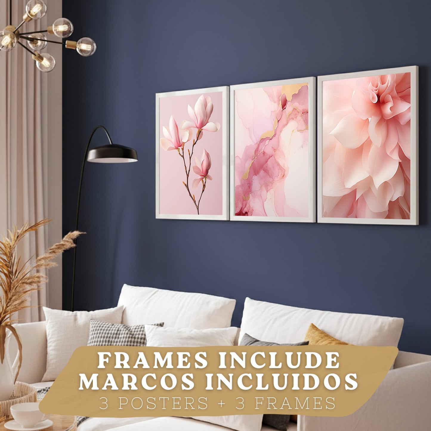 Set de 3 laminas decorativas pared flores rosas botanico Cuadros Salon modernos Orquidea marmol Posters decorativos rosas Decoración Dormitorios Sala de estar