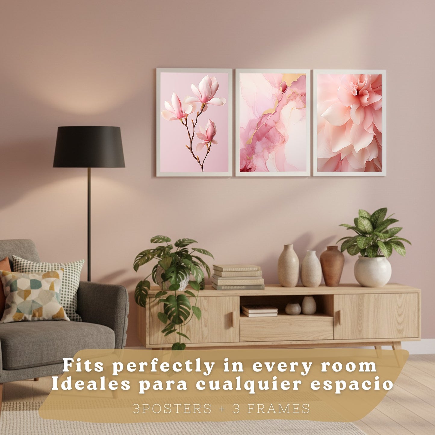 Set de 3 laminas decorativas pared flores rosas botanico Cuadros Salon modernos Orquidea marmol Posters decorativos rosas Decoración Dormitorios Sala de estar