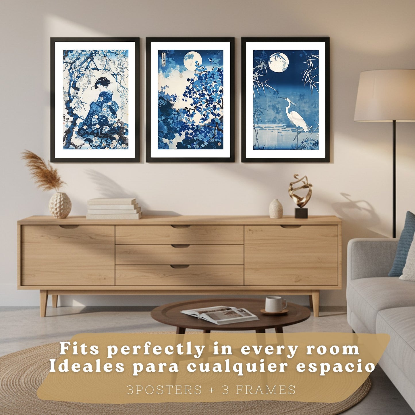 Set de 3 laminas decorativas pared estilo Japon. Cuadros Salon modernos - Posters decorativos azules orientales. Arte japones. Decoración Dormitorios.