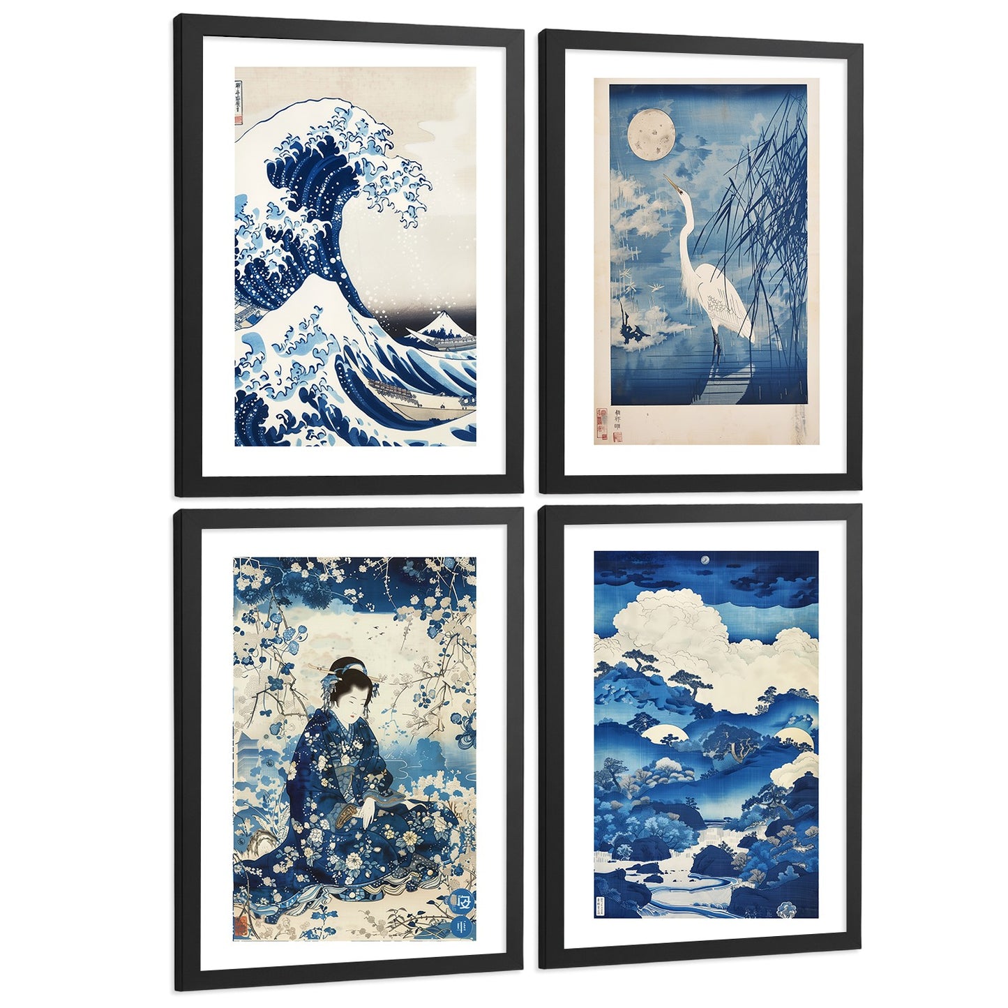 Juego de 4 laminas decorativas pared estilo Japon. Cuadros Salon modernos - Posters decorativos azules orientales. Arte japones. Decoración Dormitorios.