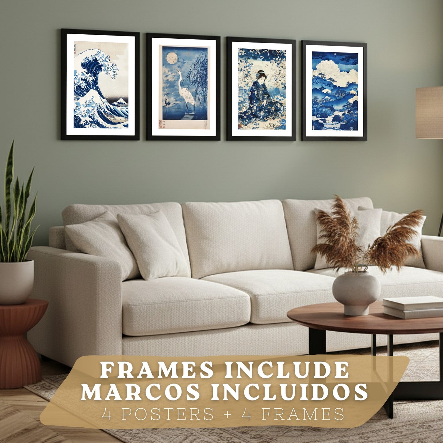 Juego de 4 laminas decorativas pared estilo Japon. Cuadros Salon modernos - Posters decorativos azules orientales. Arte japones. Decoración Dormitorios.