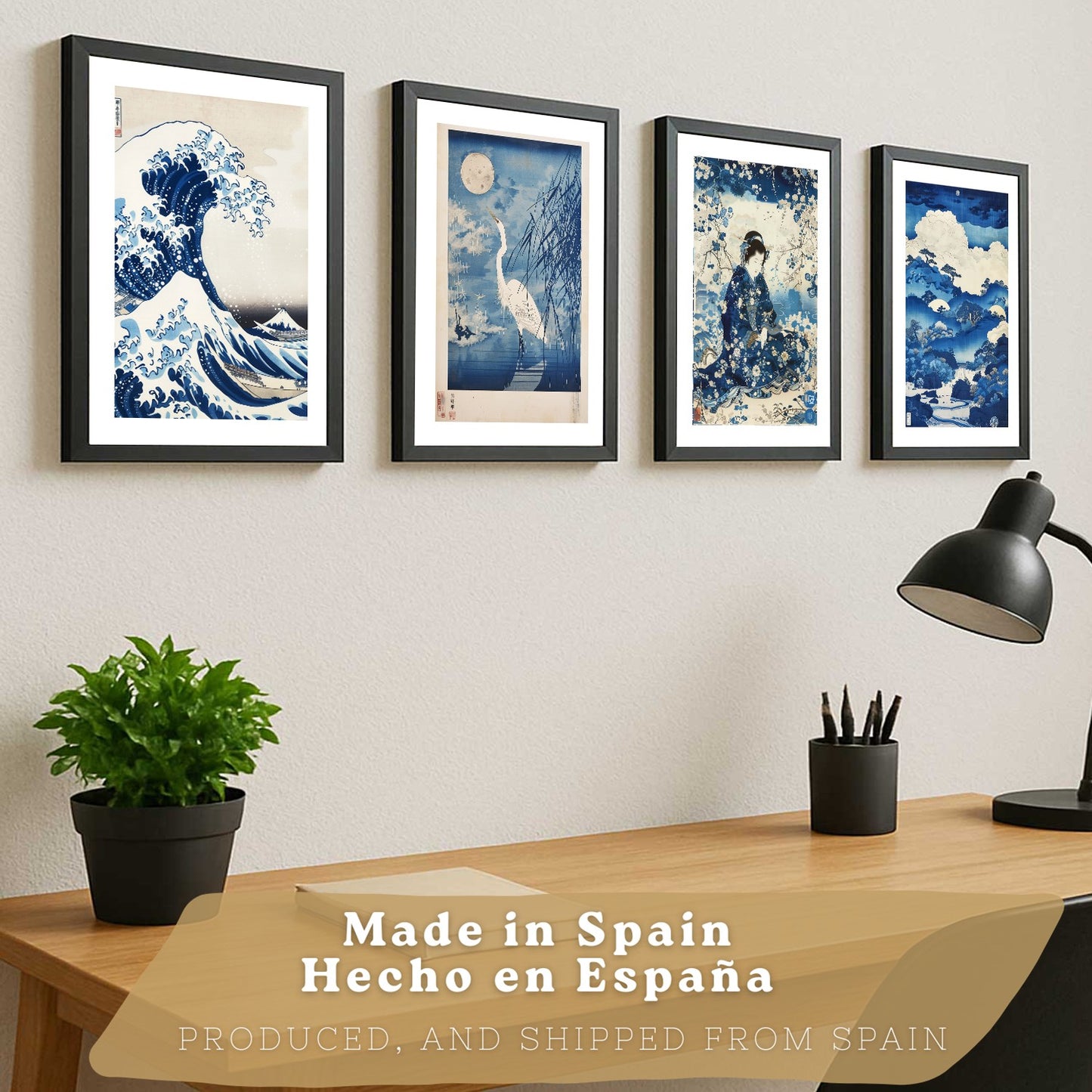 Juego de 4 laminas decorativas pared estilo Japon. Cuadros Salon modernos - Posters decorativos azules orientales. Arte japones. Decoración Dormitorios.