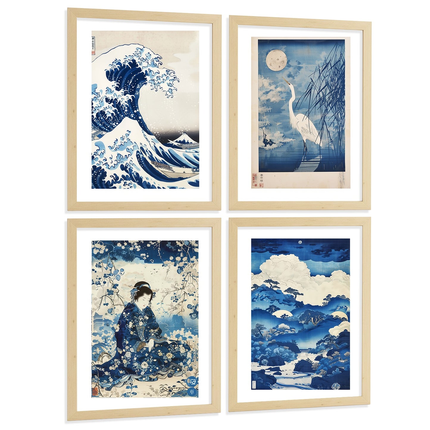Juego de 4 laminas decorativas pared estilo Japon. Cuadros Salon modernos - Posters decorativos azules orientales. Arte japones. Decoración Dormitorios.