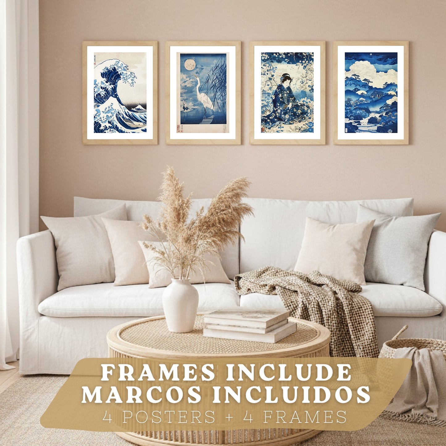 Juego de 4 laminas decorativas pared estilo Japon. Cuadros Salon modernos - Posters decorativos azules orientales. Arte japones. Decoración Dormitorios.