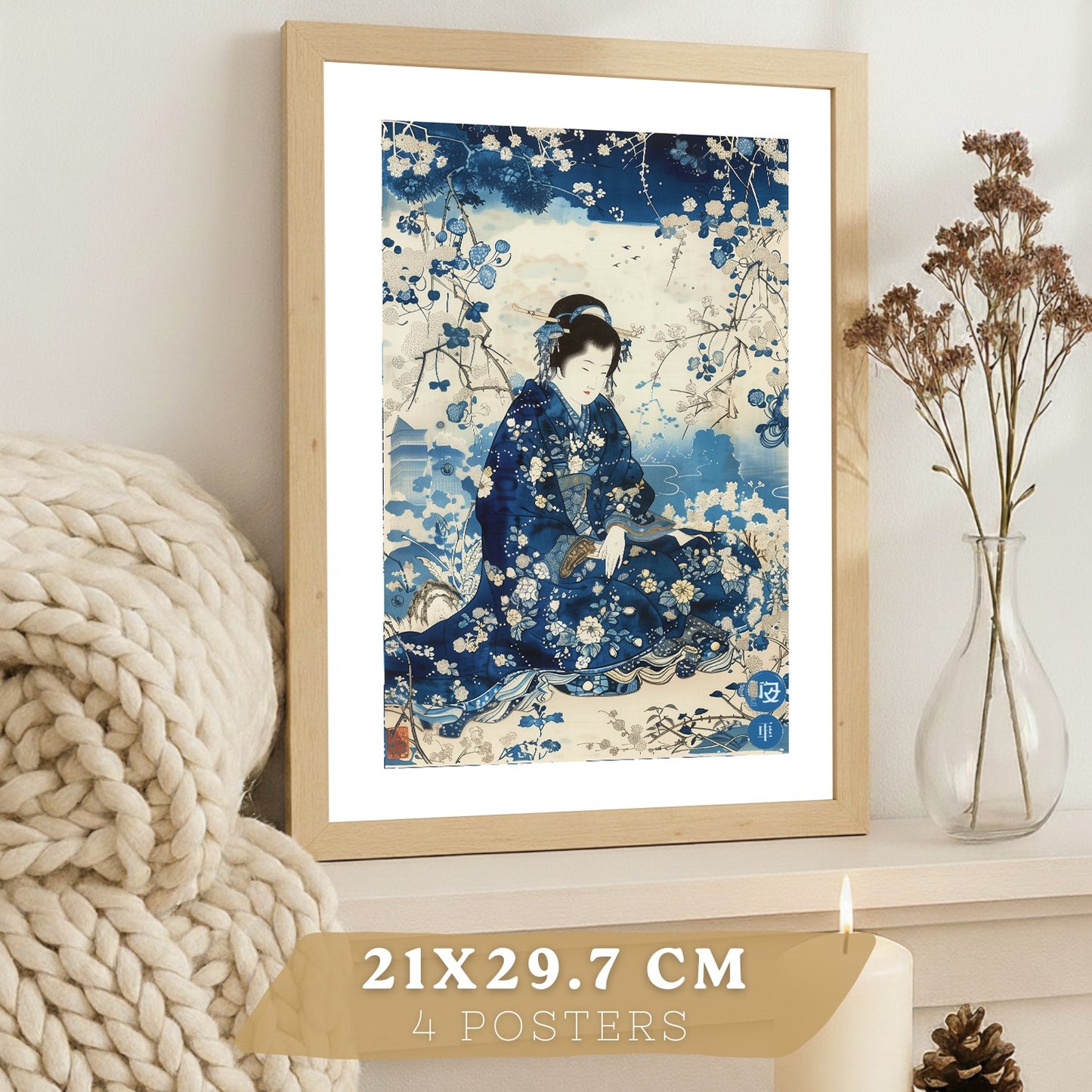 Juego de 4 laminas decorativas pared estilo Japon. Cuadros Salon modernos - Posters decorativos azules orientales. Arte japones. Decoración Dormitorios.