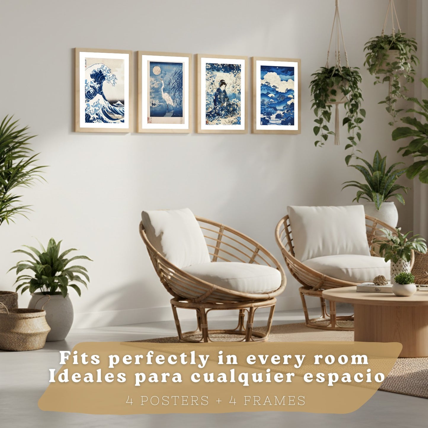 Juego de 4 laminas decorativas pared estilo Japon. Cuadros Salon modernos - Posters decorativos azules orientales. Arte japones. Decoración Dormitorios.