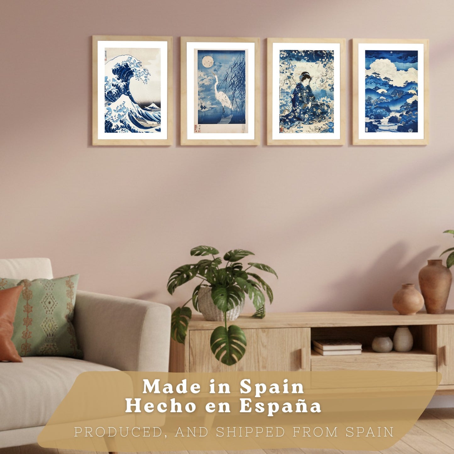 Juego de 4 laminas decorativas pared estilo Japon. Cuadros Salon modernos - Posters decorativos azules orientales. Arte japones. Decoración Dormitorios.