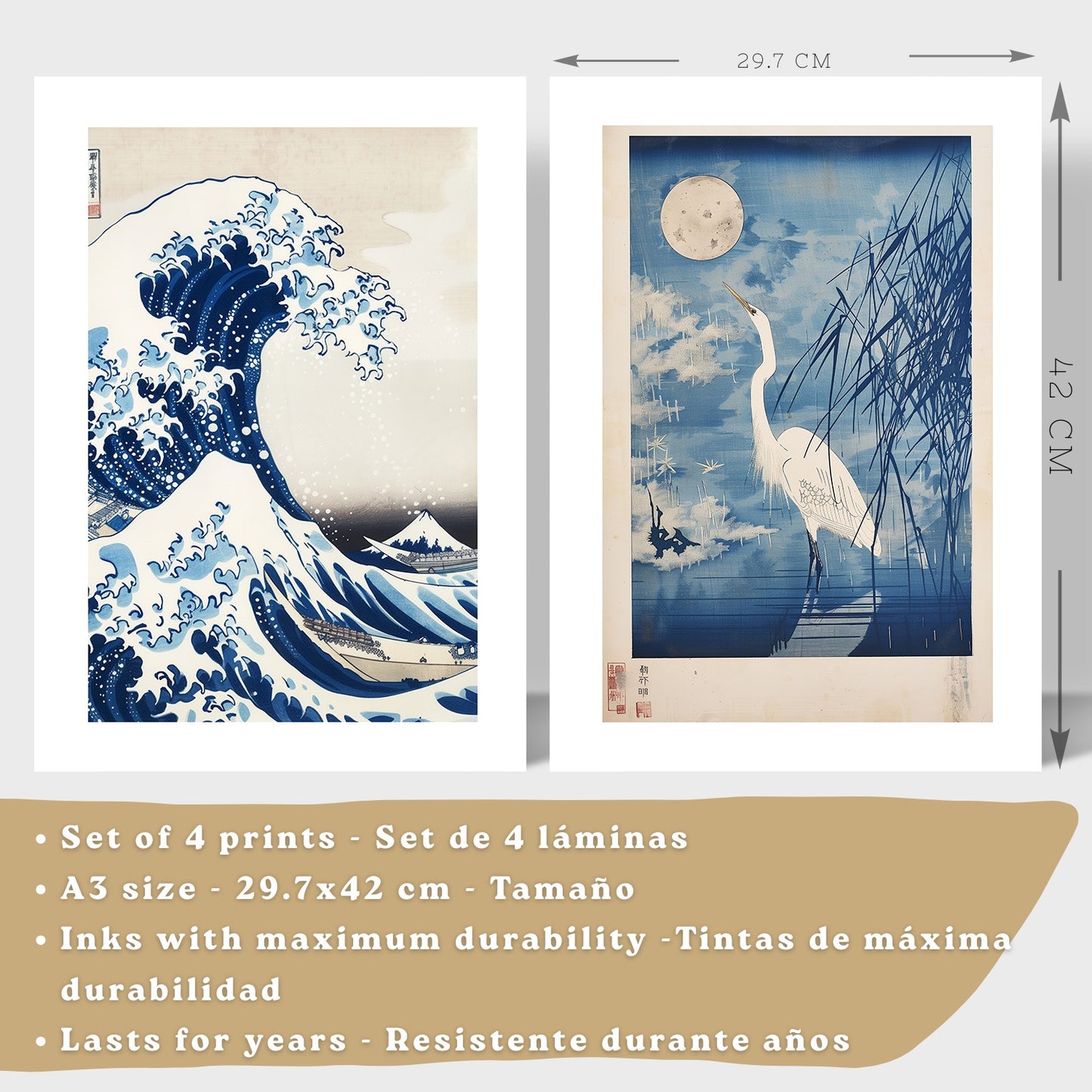 Juego de 4 laminas decorativas pared estilo Japon. Cuadros Salon modernos - Posters decorativos azules orientales. Arte japones. Decoración Dormitorios.