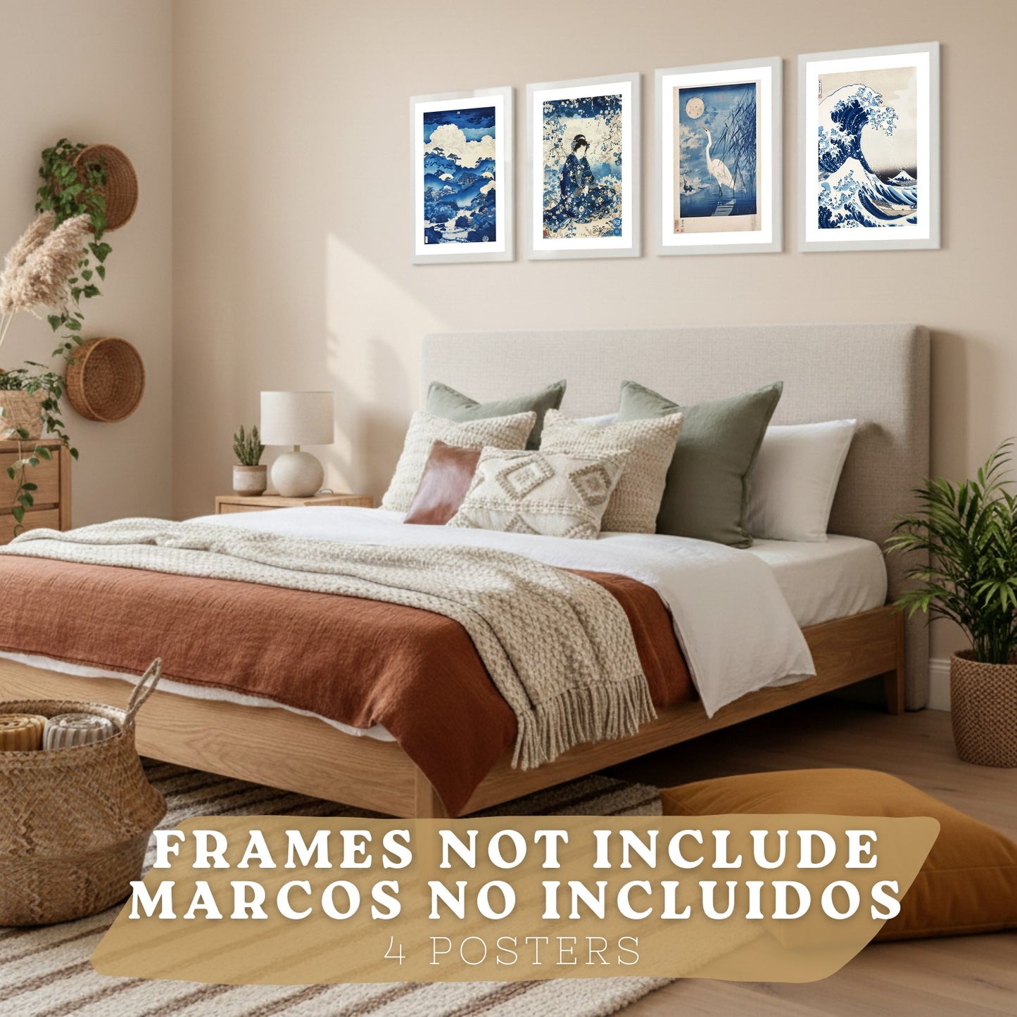 Juego de 4 laminas decorativas pared estilo Japon. Cuadros Salon modernos - Posters decorativos azules orientales. Arte japones. Decoración Dormitorios.