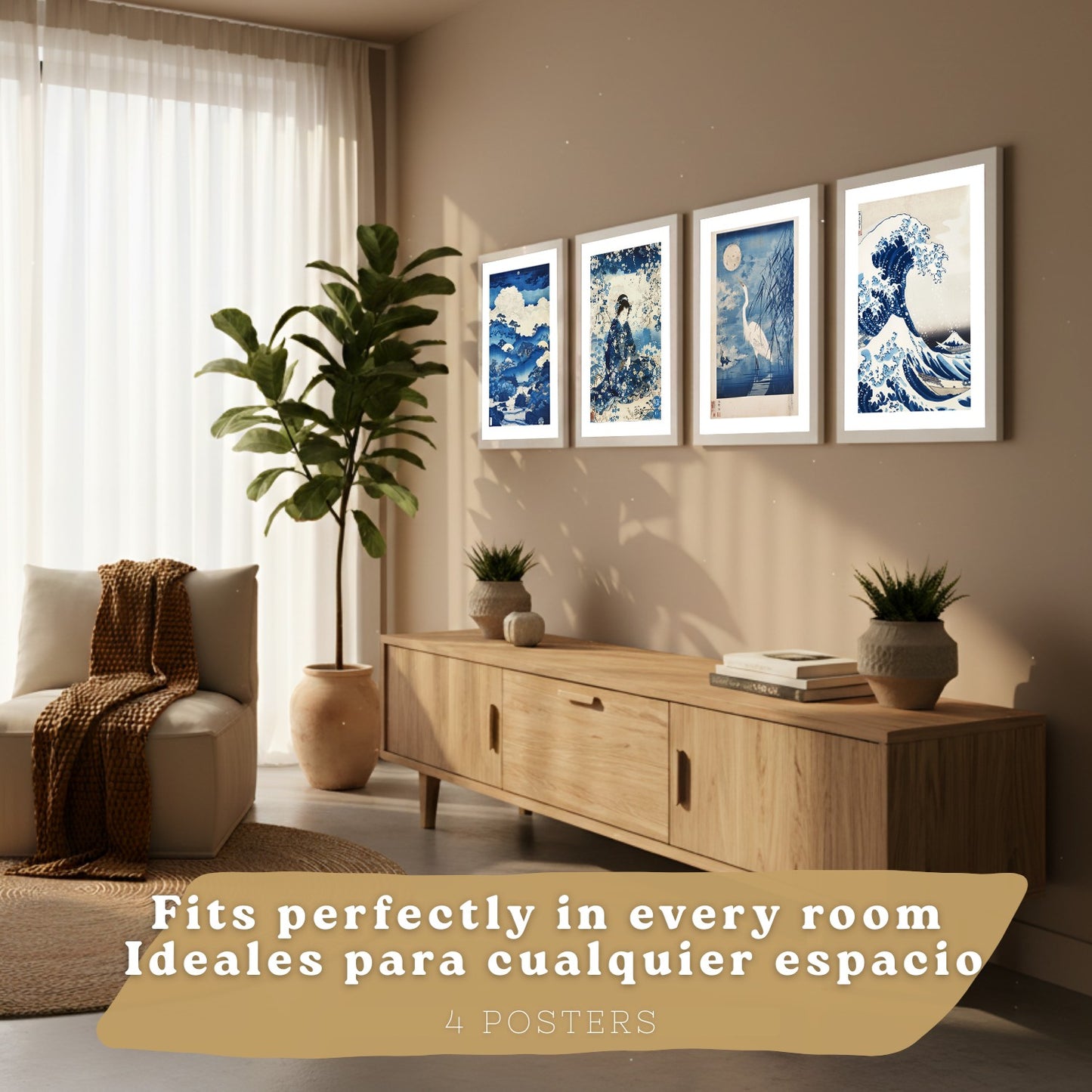 Juego de 4 laminas decorativas pared estilo Japon. Cuadros Salon modernos - Posters decorativos azules orientales. Arte japones. Decoración Dormitorios.