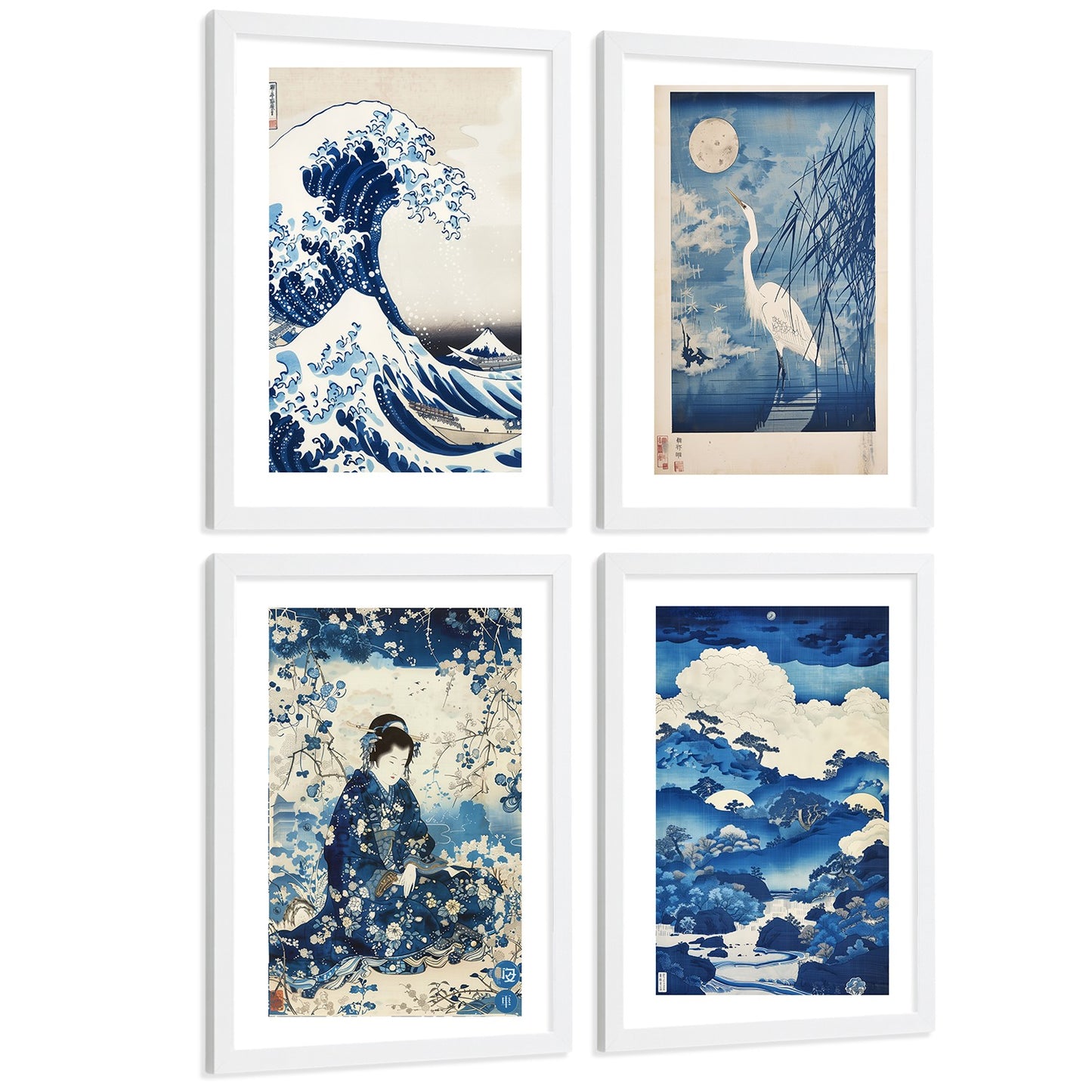 Juego de 4 laminas decorativas pared estilo Japon. Cuadros Salon modernos - Posters decorativos azules orientales. Arte japones. Decoración Dormitorios.