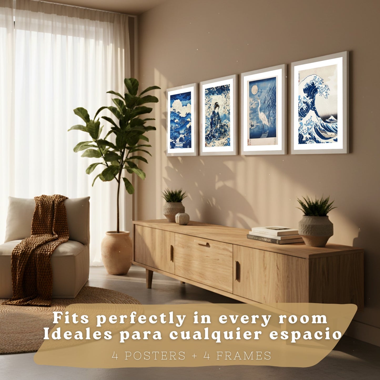 Juego de 4 laminas decorativas pared estilo Japon. Cuadros Salon modernos - Posters decorativos azules orientales. Arte japones. Decoración Dormitorios.
