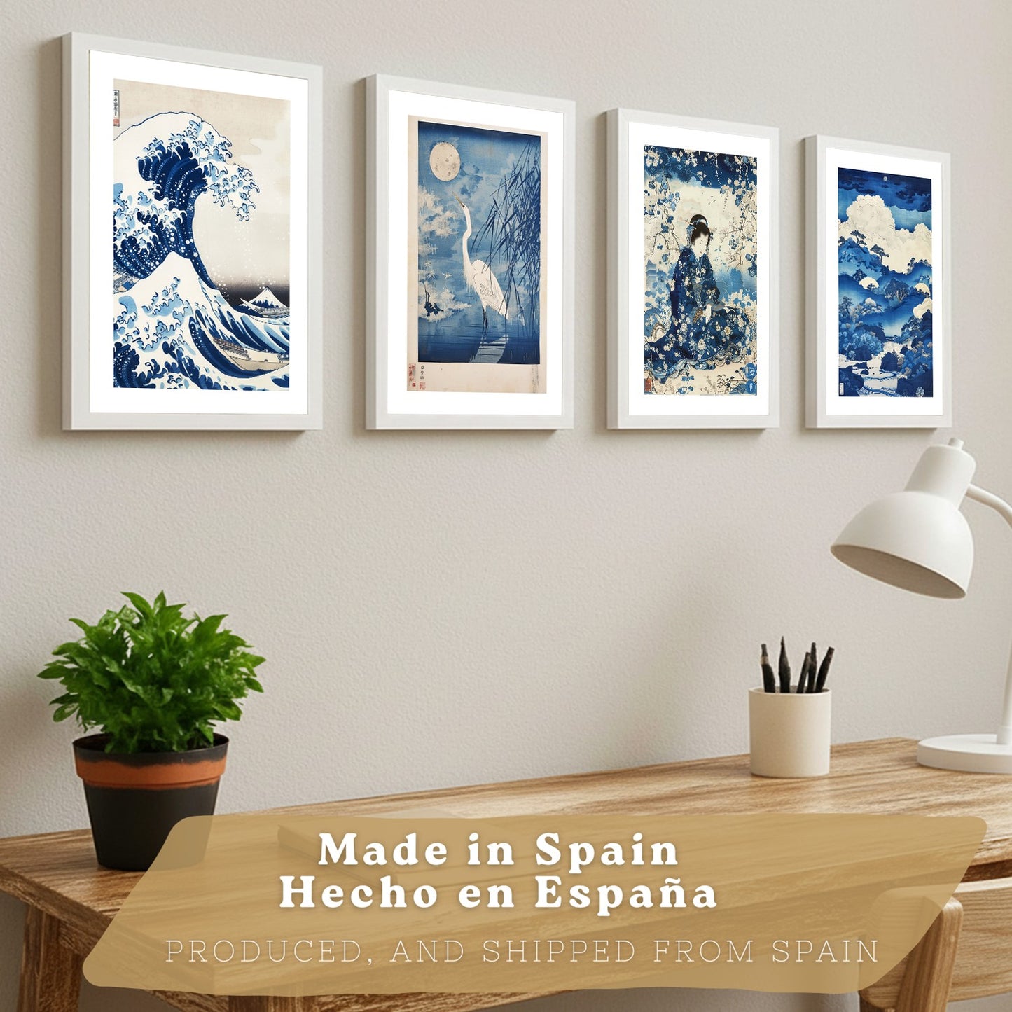 Juego de 4 laminas decorativas pared estilo Japon. Cuadros Salon modernos - Posters decorativos azules orientales. Arte japones. Decoración Dormitorios.