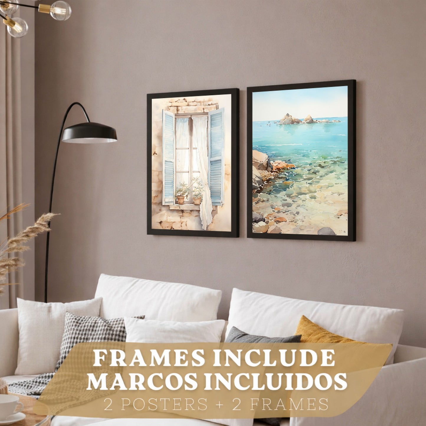 Set de 2 laminas decorativas pared Mar, relax Salon modernos - Posters, cuadros decorativos azules. Mediterraneo. Decoración Dormitorios.