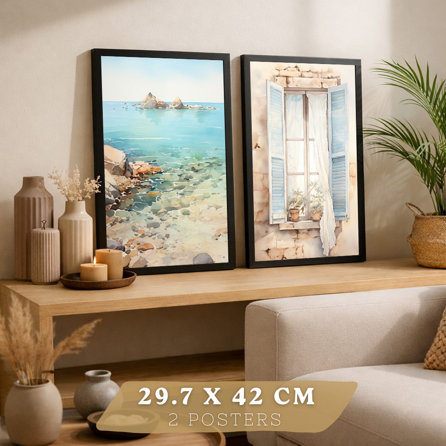 Set de 2 laminas decorativas pared Mar, relax Salon modernos - Posters, cuadros decorativos azules. Mediterraneo. Decoración Dormitorios.