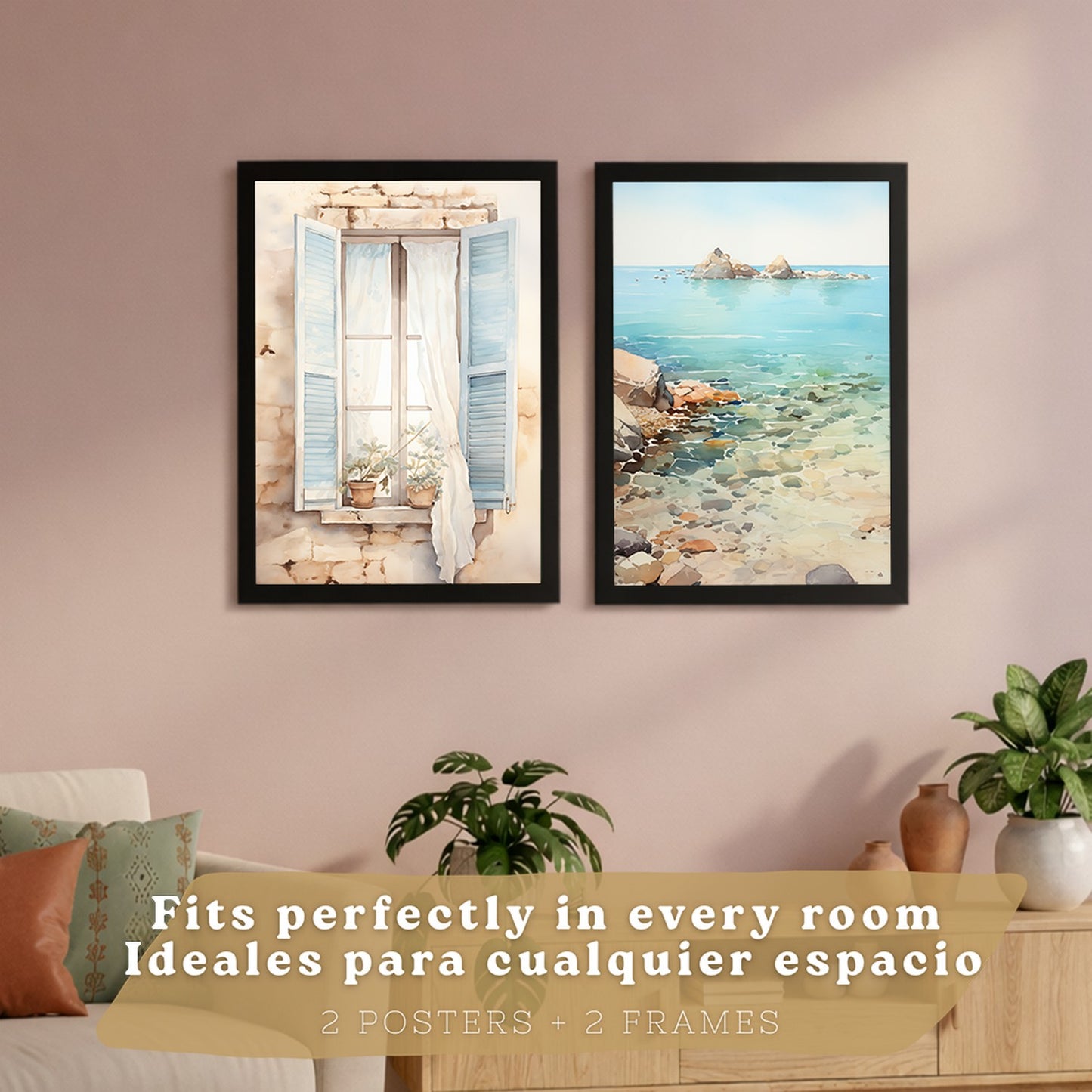 Set de 2 laminas decorativas pared Mar, relax Salon modernos - Posters, cuadros decorativos azules. Mediterraneo. Decoración Dormitorios.