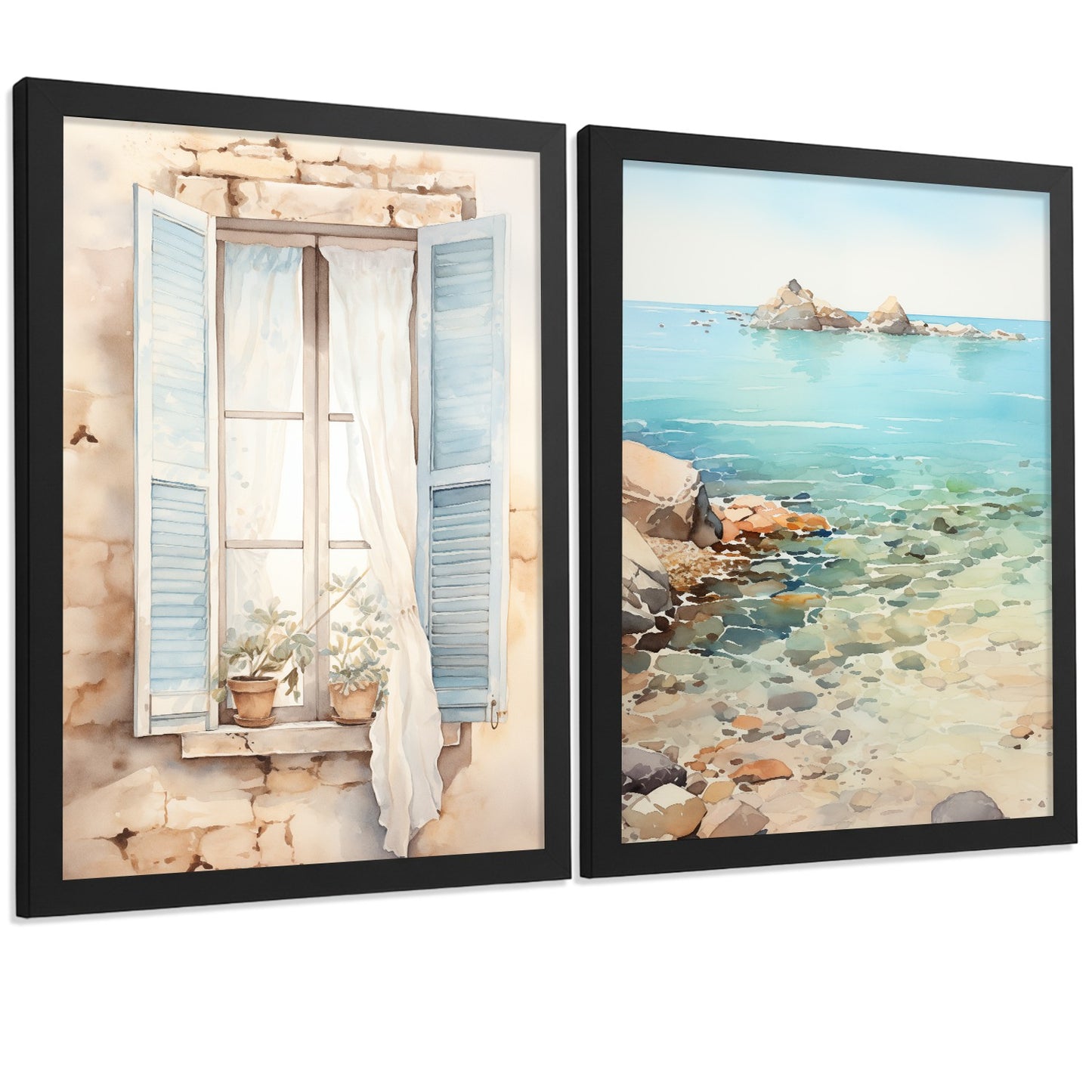 Set de 2 laminas decorativas pared Mar, relax Salon modernos - Posters, cuadros decorativos azules. Mediterraneo. Decoración Dormitorios.