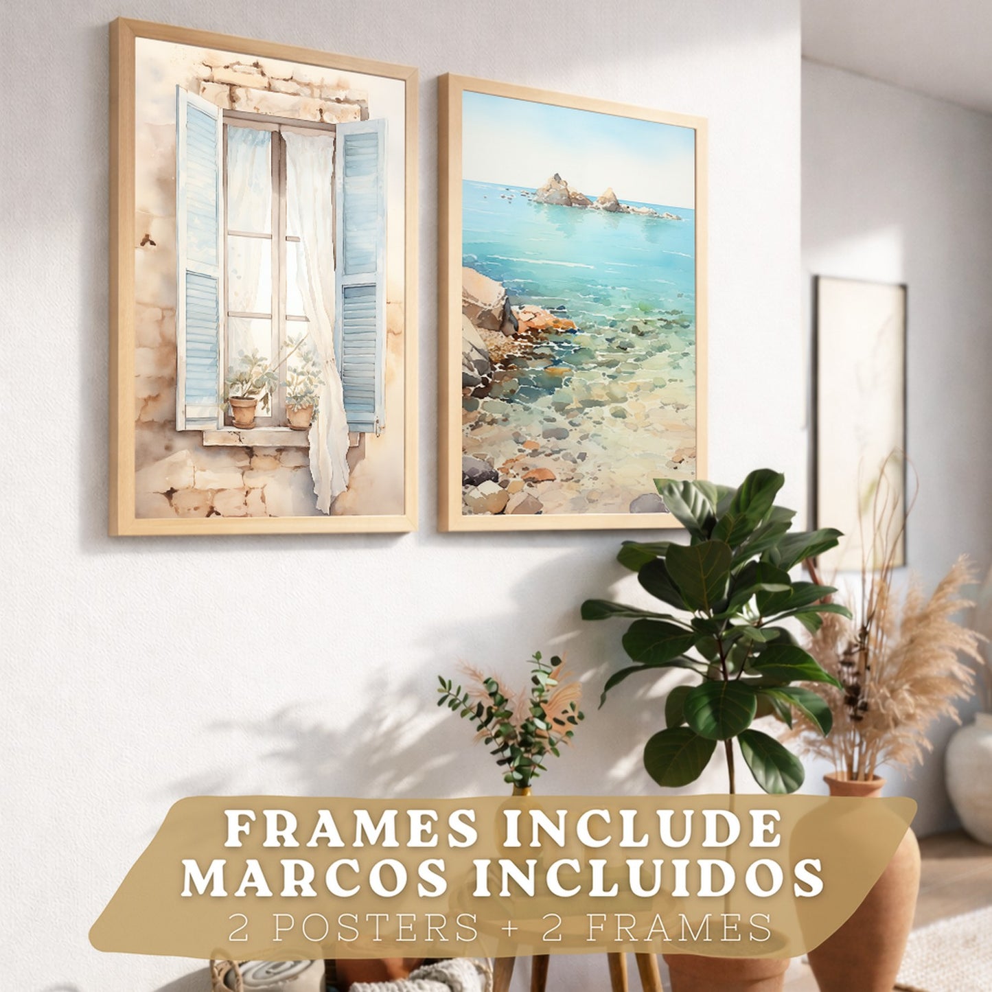 Set de 2 laminas decorativas pared Mar, relax Salon modernos - Posters, cuadros decorativos azules. Mediterraneo. Decoración Dormitorios.