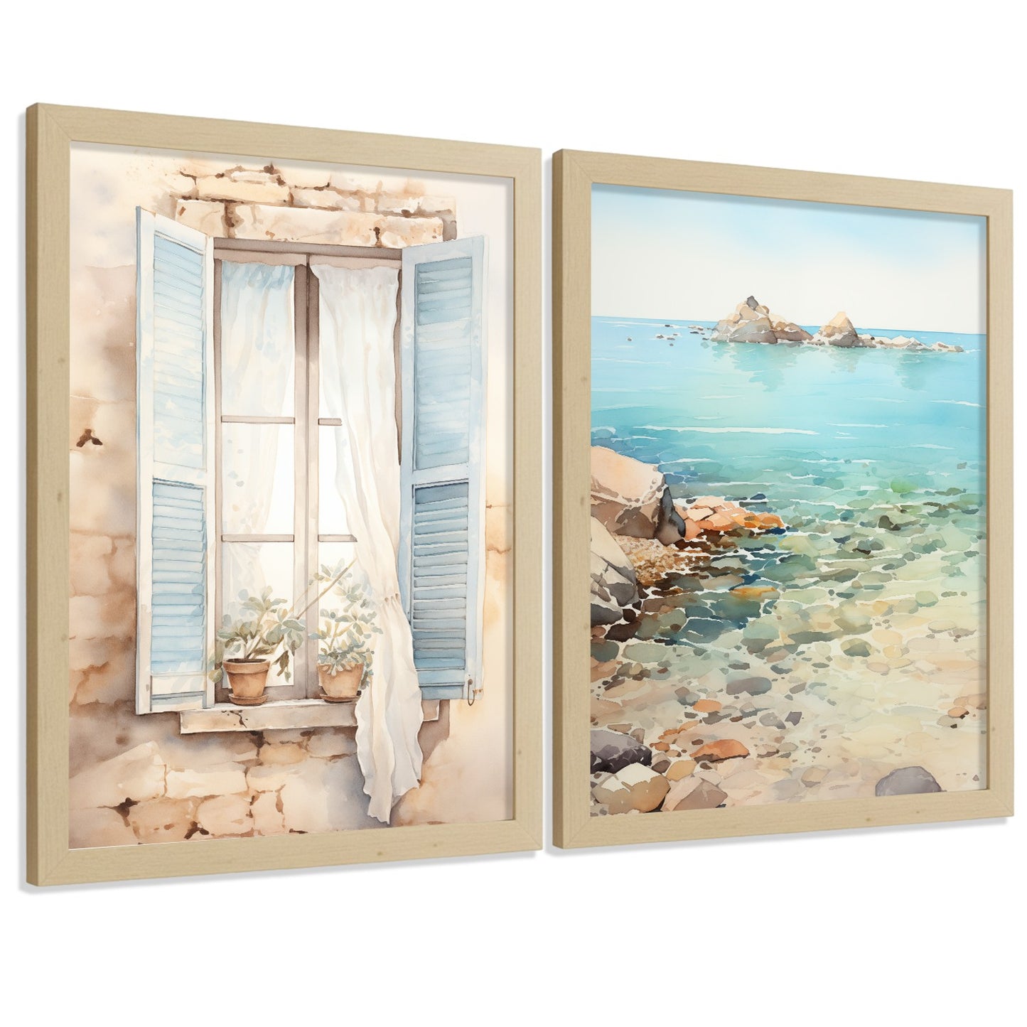 Set de 2 laminas decorativas pared Mar, relax Salon modernos - Posters, cuadros decorativos azules. Mediterraneo. Decoración Dormitorios.