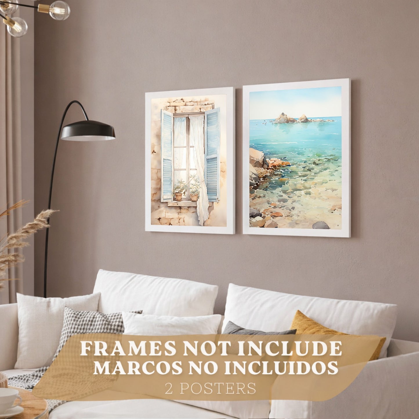 Set de 2 laminas decorativas pared Mar, relax Salon modernos - Posters, cuadros decorativos azules. Mediterraneo. Decoración Dormitorios.