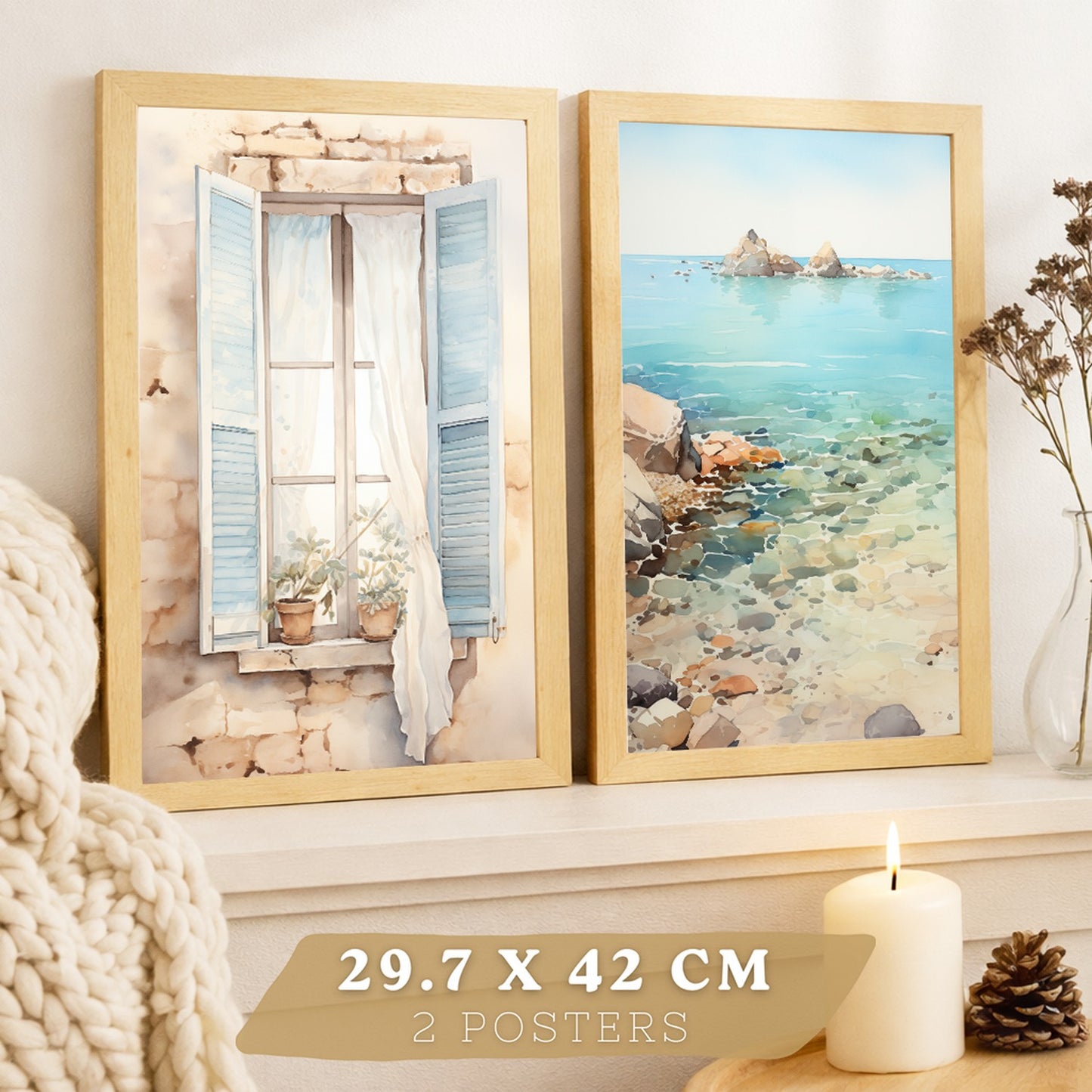 Set de 2 laminas decorativas pared Mar, relax Salon modernos - Posters, cuadros decorativos azules. Mediterraneo. Decoración Dormitorios.