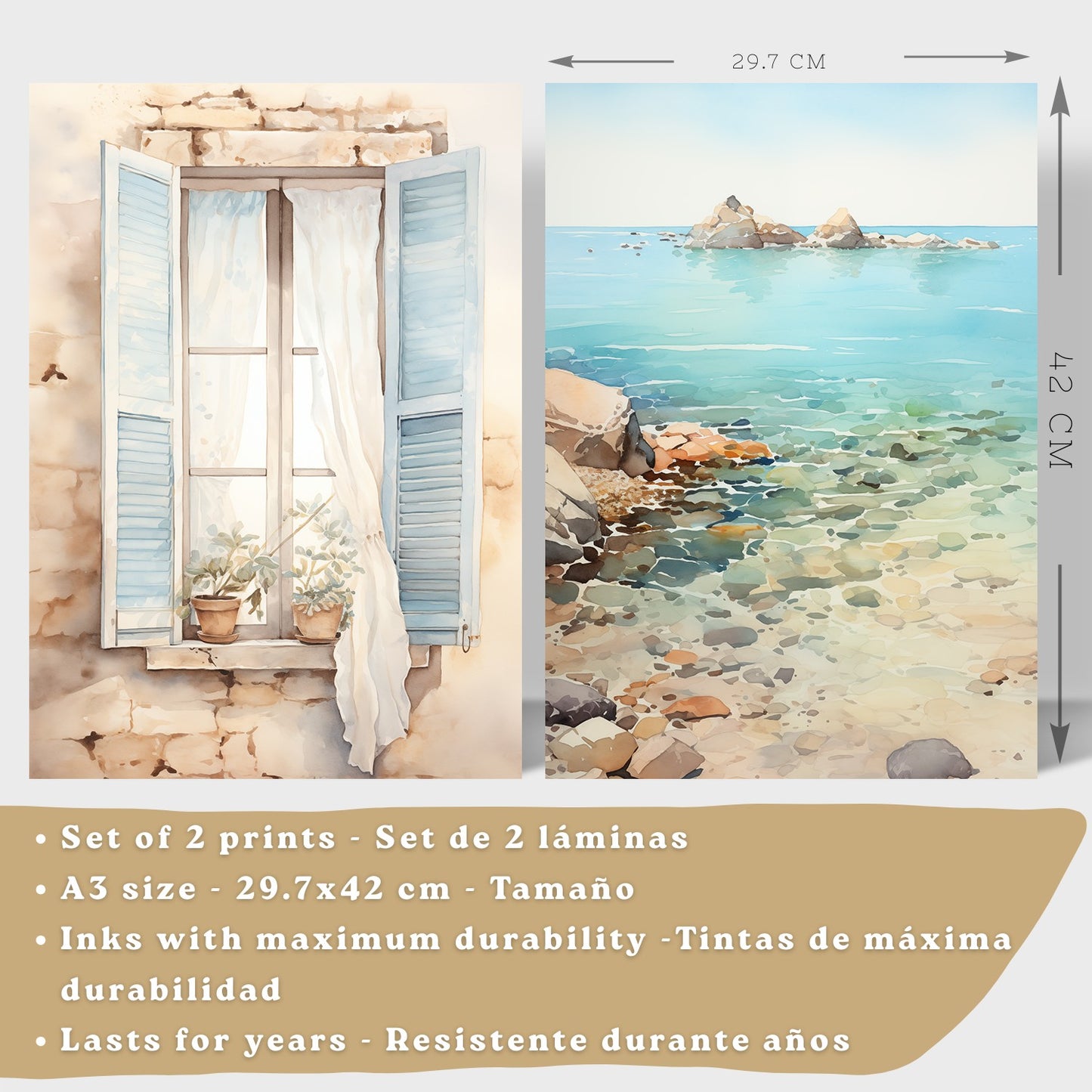 Set de 2 laminas decorativas pared Mar, relax Salon modernos - Posters, cuadros decorativos azules. Mediterraneo. Decoración Dormitorios.