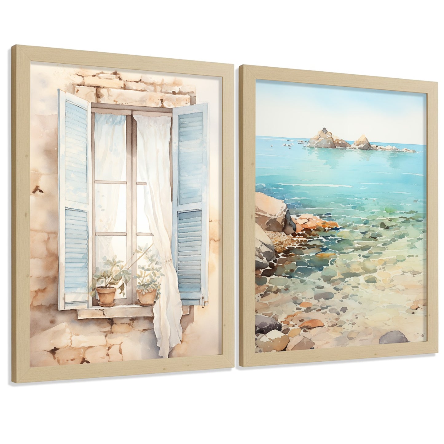 Set de 2 laminas decorativas pared Mar, relax Salon modernos - Posters, cuadros decorativos azules. Mediterraneo. Decoración Dormitorios.