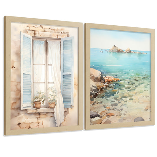 Set de 2 laminas decorativas pared Mar, relax Salon modernos - Posters, cuadros decorativos azules. Mediterraneo. Decoración Dormitorios.