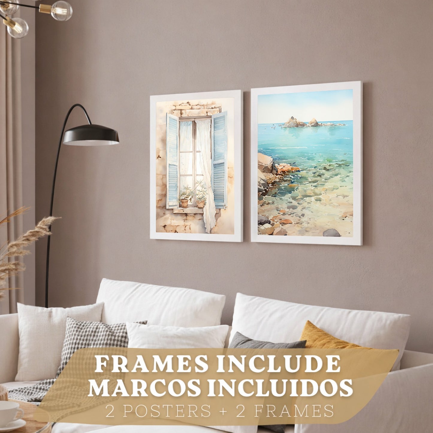 Set de 2 laminas decorativas pared Mar, relax Salon modernos - Posters, cuadros decorativos azules. Mediterraneo. Decoración Dormitorios.