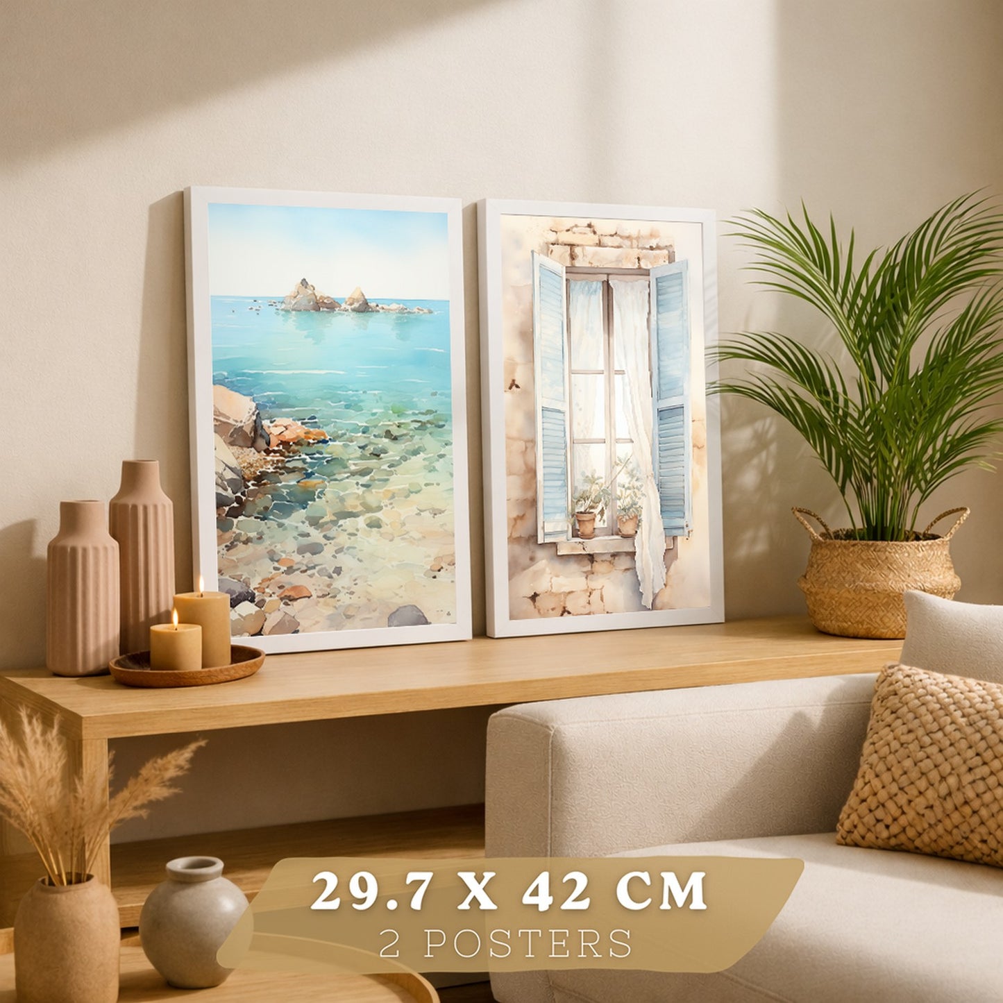 Set de 2 laminas decorativas pared Mar, relax Salon modernos - Posters, cuadros decorativos azules. Mediterraneo. Decoración Dormitorios.