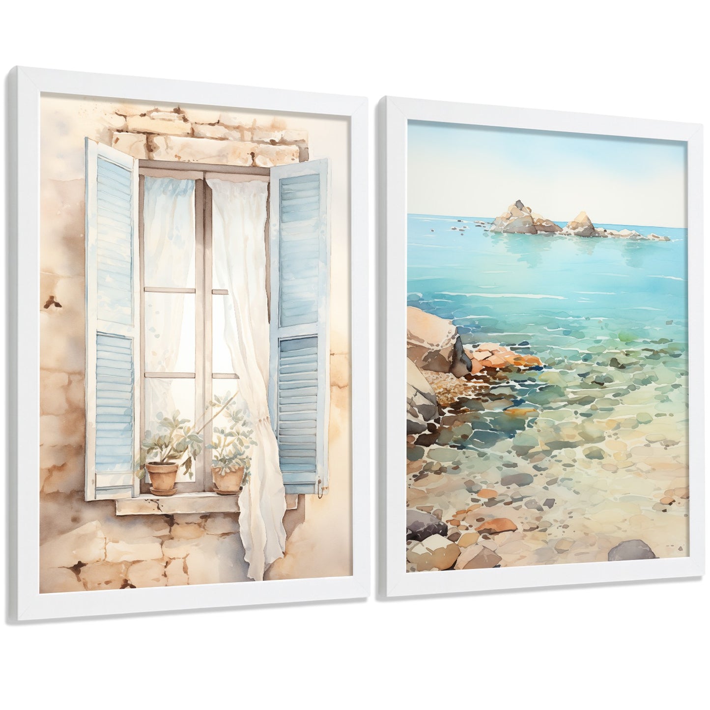 Set de 2 laminas decorativas pared Mar, relax Salon modernos - Posters, cuadros decorativos azules. Mediterraneo. Decoración Dormitorios.