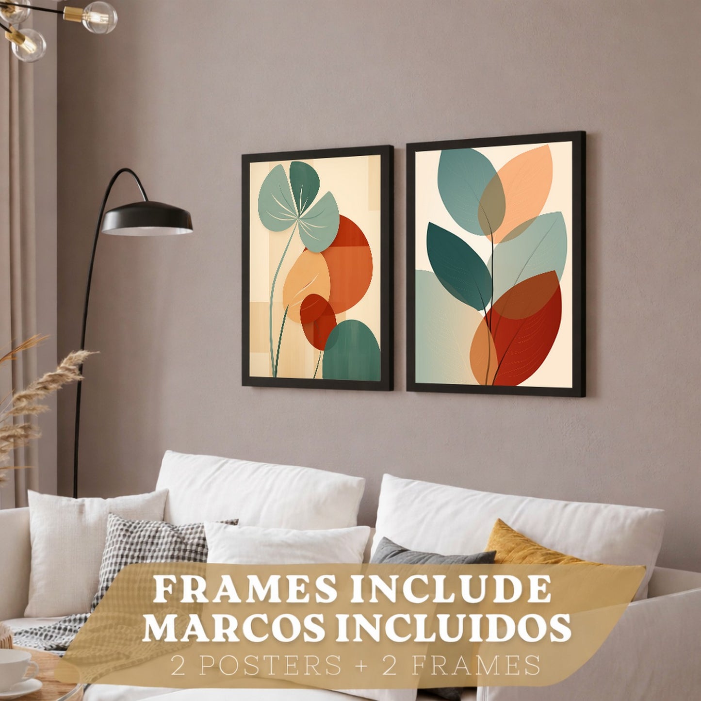 Set de 2 laminas decorativas Hojas, plantas y flores Cuadros Salon modernos - Posters decorativos Botanica verde naranja. Decoración Dormitorios.