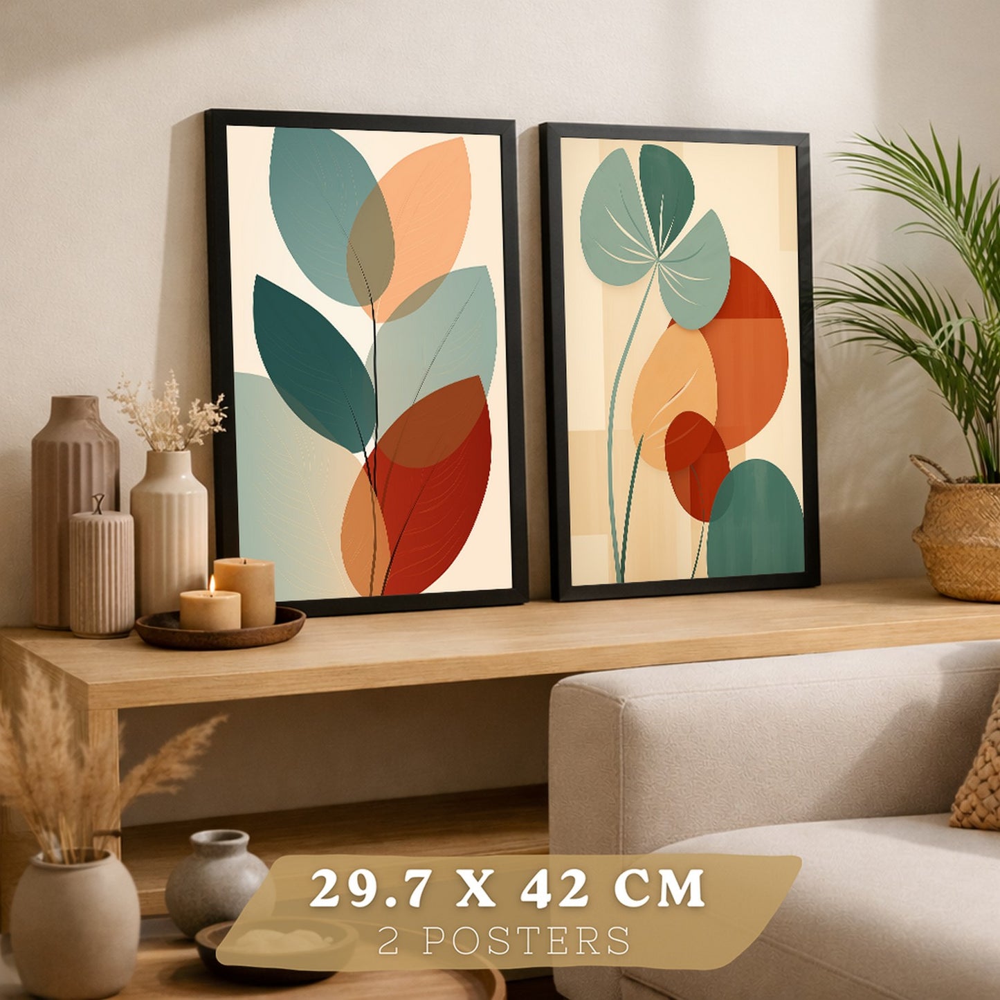 Set de 2 laminas decorativas Hojas, plantas y flores Cuadros Salon modernos - Posters decorativos Botanica verde naranja. Decoración Dormitorios.